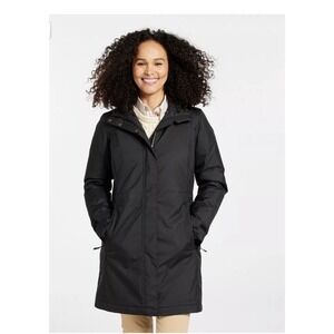 LL Bean Women's Warmer Coat Sz M Navy Lined Quilted Hooded Zip Snap Faux Fur EUC
